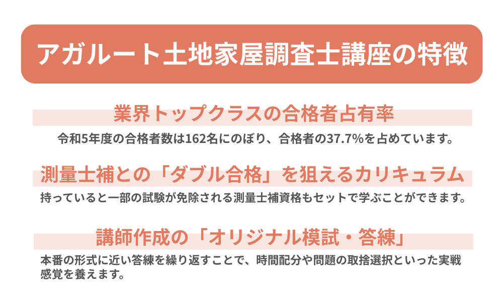 アガルート 土地家屋調査士講座の特徴を解説する画像
