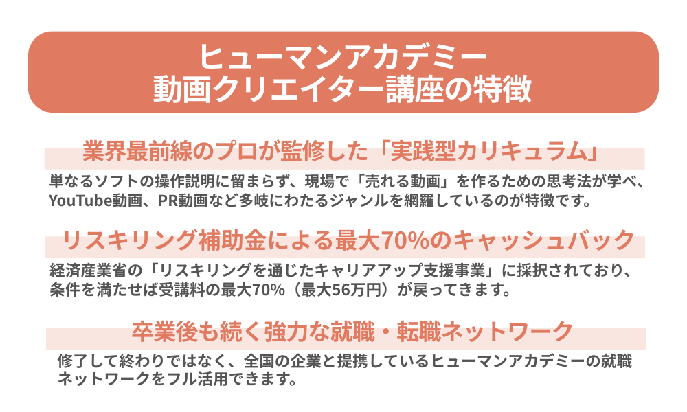ヒューマンアカデミー 動画クリエイター講座の特徴を３つ紹介する画像