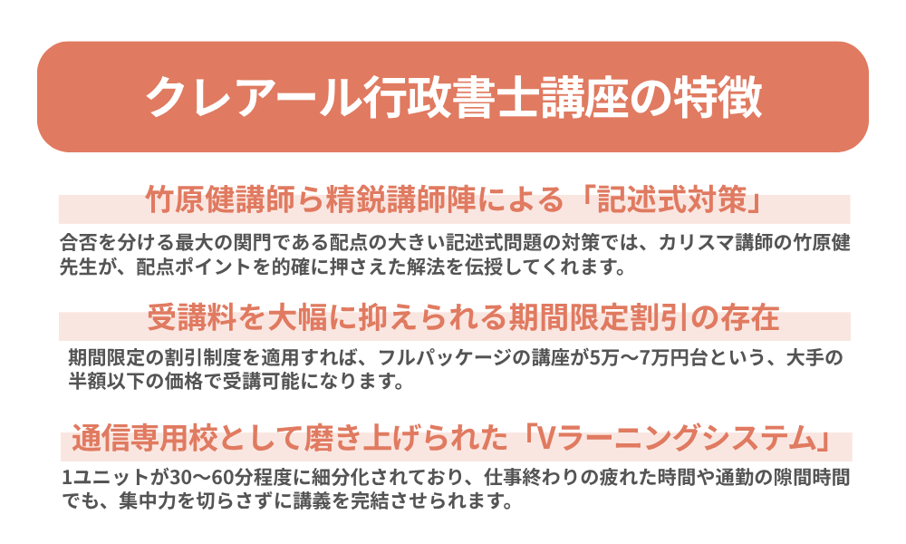 クレアール 行政書士講座の特徴を３つ紹介する画像