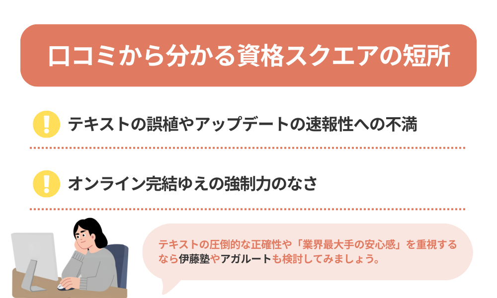 資格スクエアの評判・口コミから分かるデメリットをまとめた表