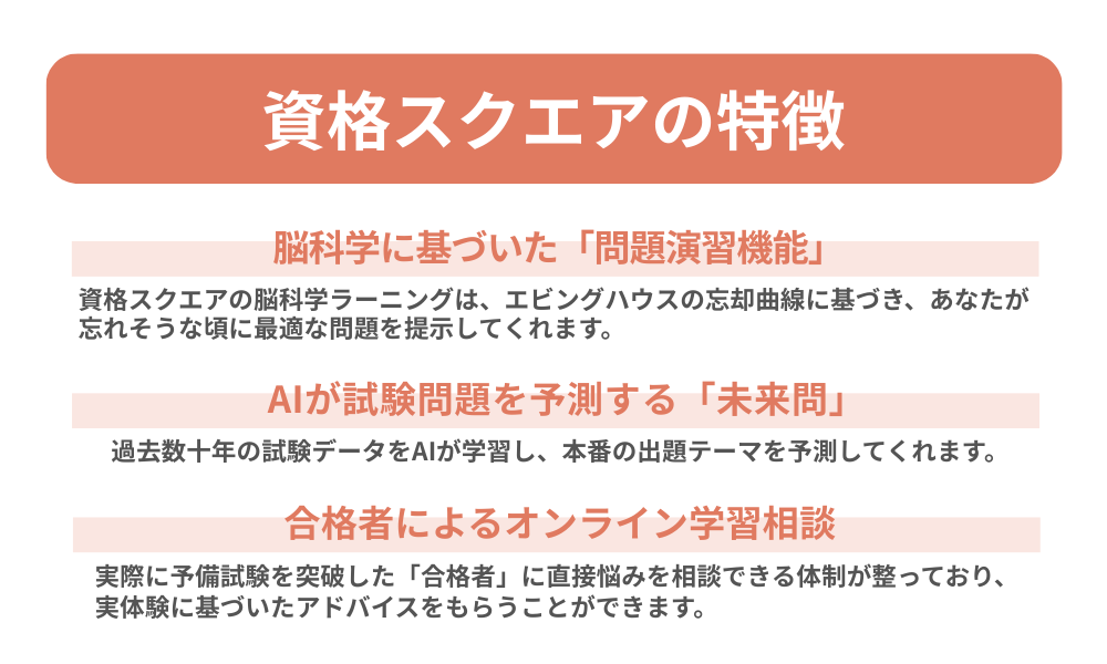 資格スクエアの特徴を３つまとめた画像