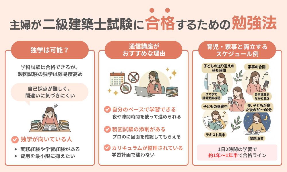 主婦が二級建築士に合格するための勉強方法について解説する画像