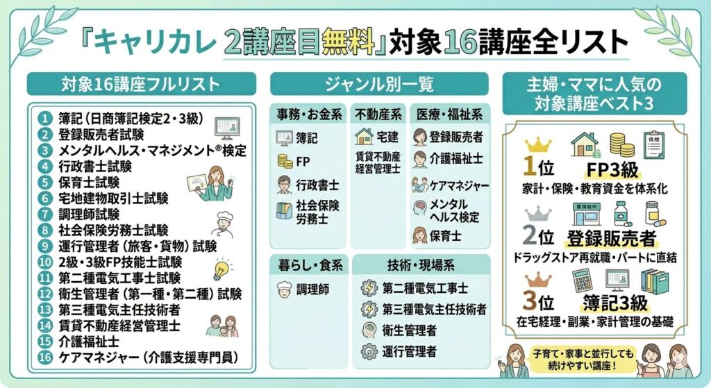 2講座目無料の対象になる国家公的資格16講座を紹介する画像