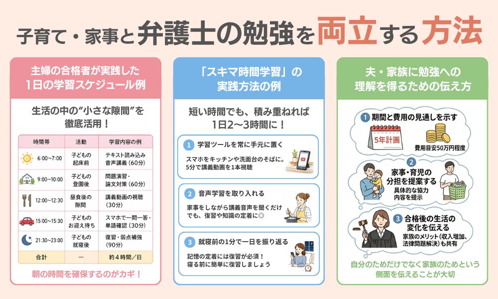 子育て・家事と弁護士の勉強を両立する方法を解説する画像