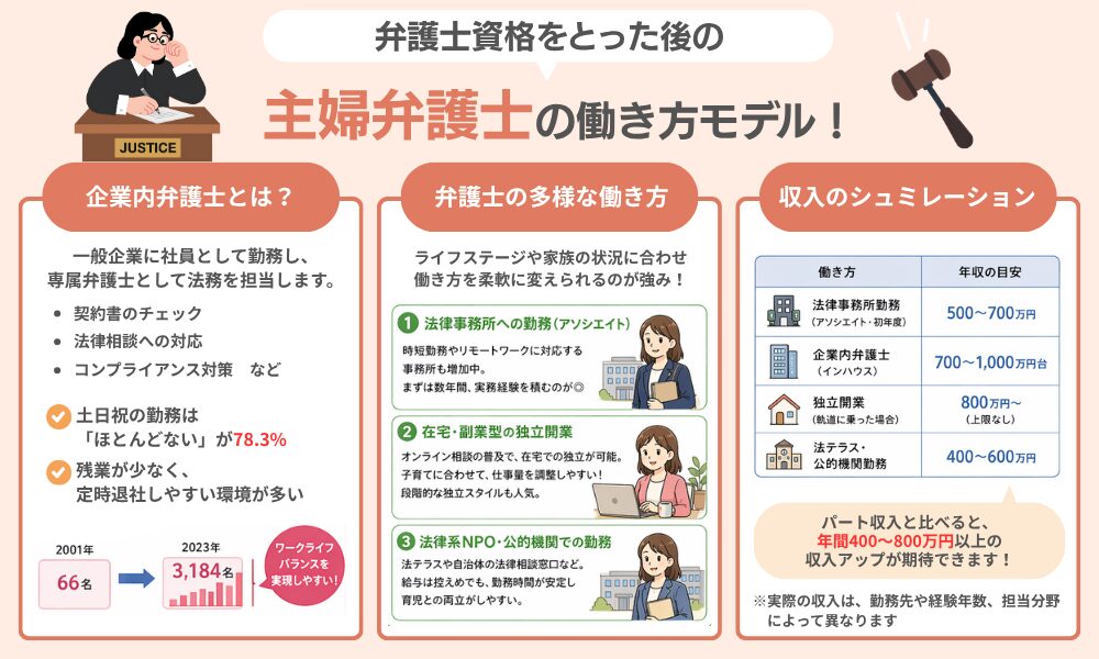 弁護士資格を取った後の「主婦弁護士」の働き方モデルについて解説する画像