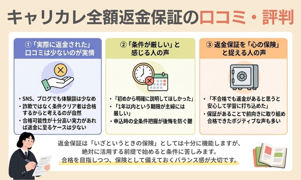 キャリカレ全額返金保証の口コミ・評判を紹介する画像