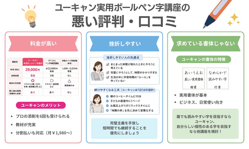 ユーキャン実用ボールペン字講座の悪い評判・デメリットを紹介する画像