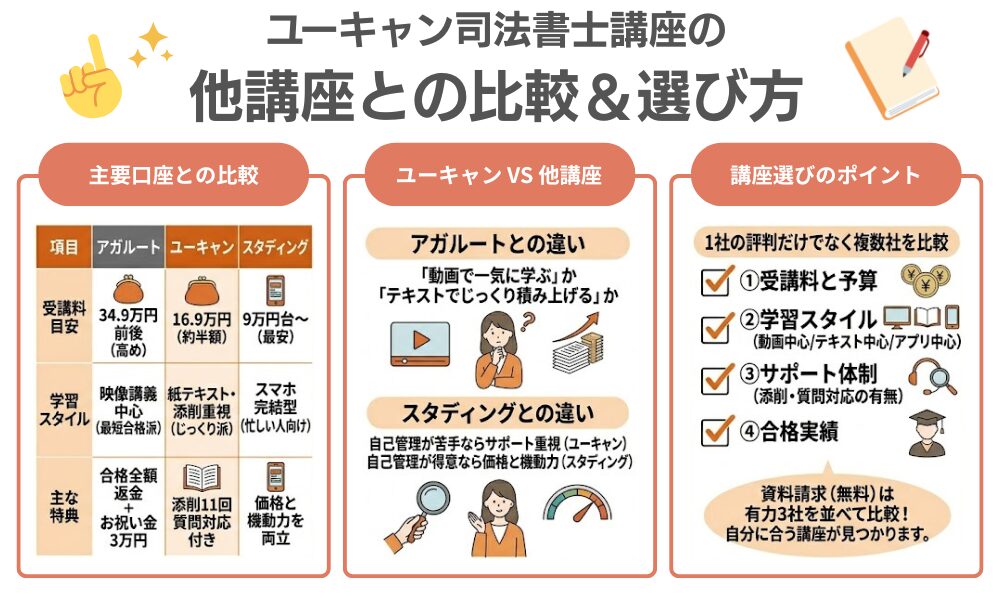 ユーキャンと他の司法書士講座の比較表