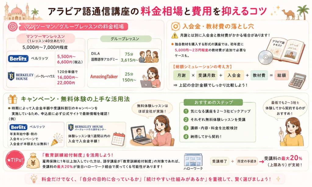 アラビア語通信講座の料金相場と費用を抑えるコツを紹介する画像