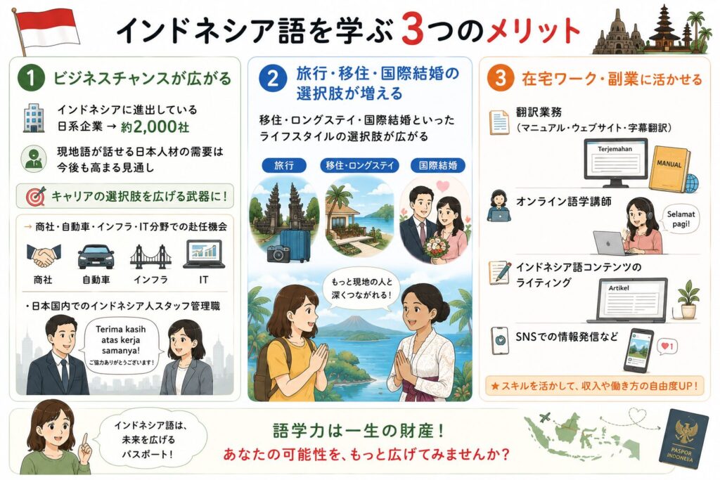 インドネシア語を学ぶ3つのメリットを紹介する画像
