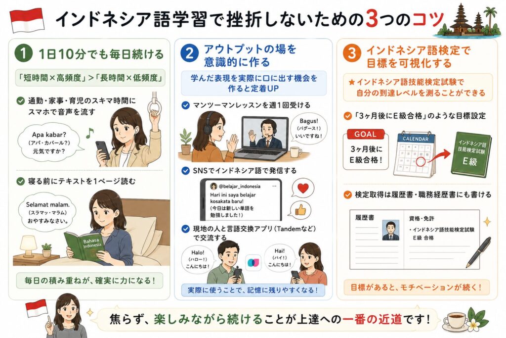 インドネシア語学習で挫折しないための3つのコツを紹介する画像