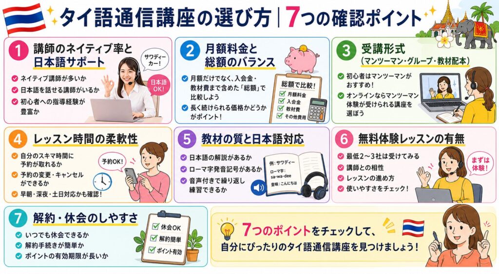 失敗しない！タイ語通信講座の選び方の7つのポイントを紹介する画像
