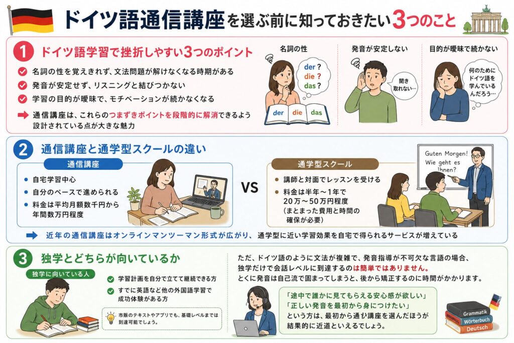 ドイツ語通信講座を選ぶ前に知っておきたい3つのポイントをまとめた画像