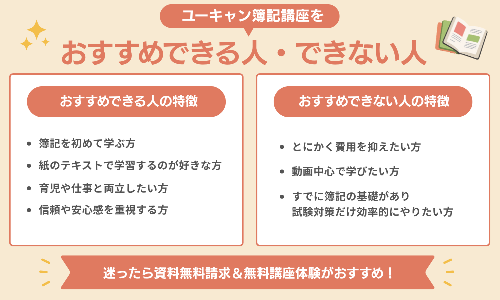 ユーキャン簿記講座をおすすめできる人・できない人をまとめた画像