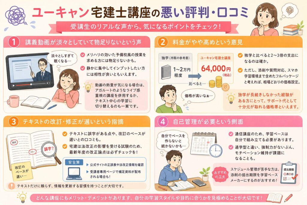 ユーキャン宅建士講座の悪い評判・口コミについて紹介する画像