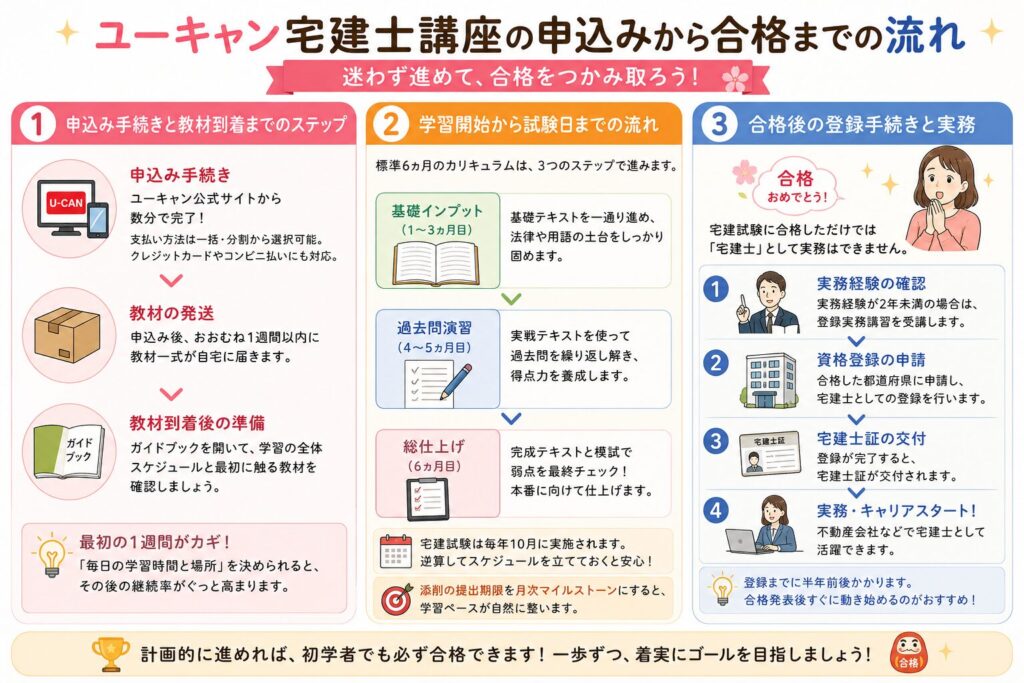 ユーキャン宅建士講座の申込みから合格までの流れを説明する画像