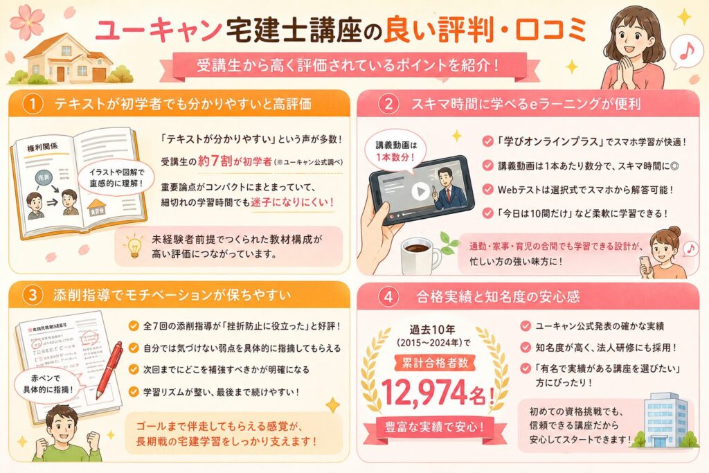 ユーキャン宅建士講座の良い評判・口コミについて紹介する画像