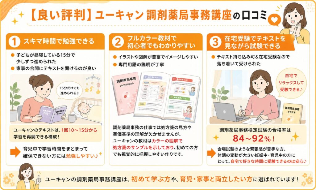 ユーキャン調剤薬局事務講座の良い口コミをまとめた画像