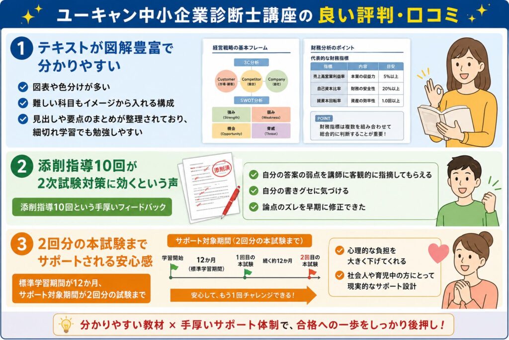 ユーキャン中小企業診断士講座の良い評判・口コミをまとめた画像