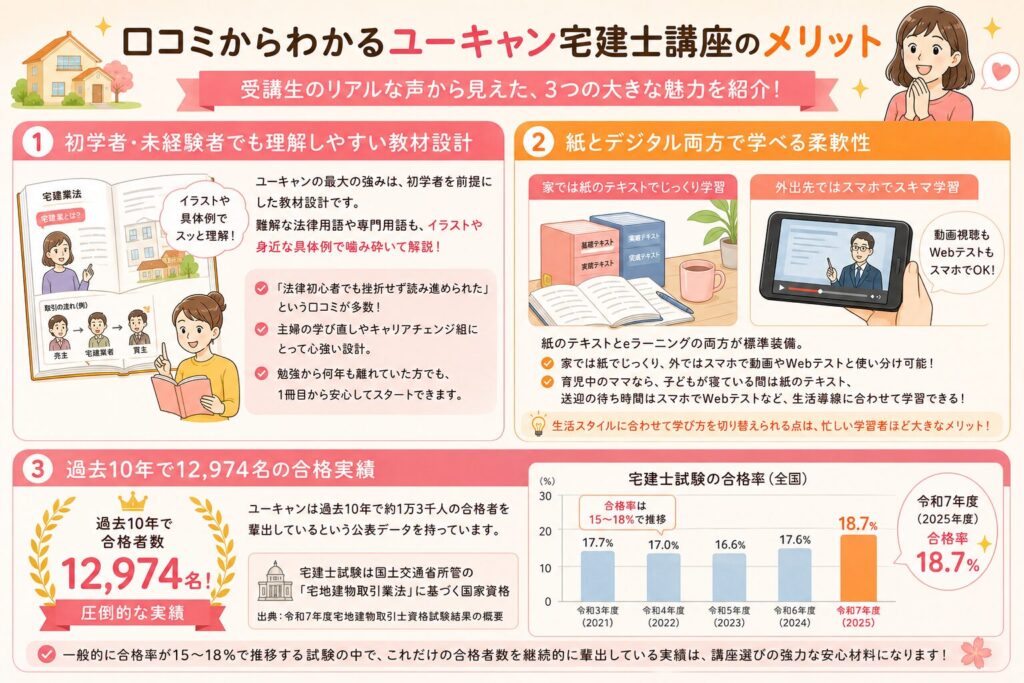 口コミからわかるユーキャン宅建士講座のメリットについて説明する画像