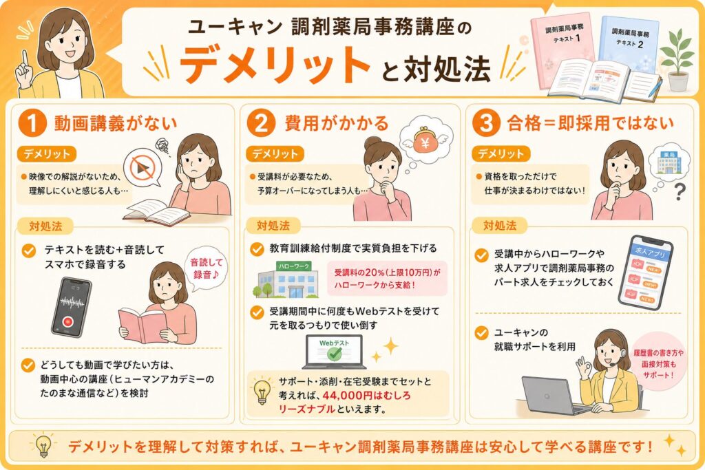 ユーキャン調剤薬局事務講座のデメリットと対処法を解説する画像