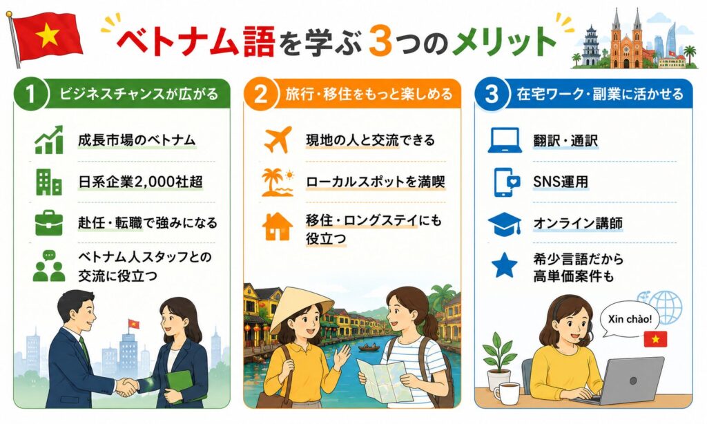 ベトナム語を学ぶ3つのメリットを紹介する画像
