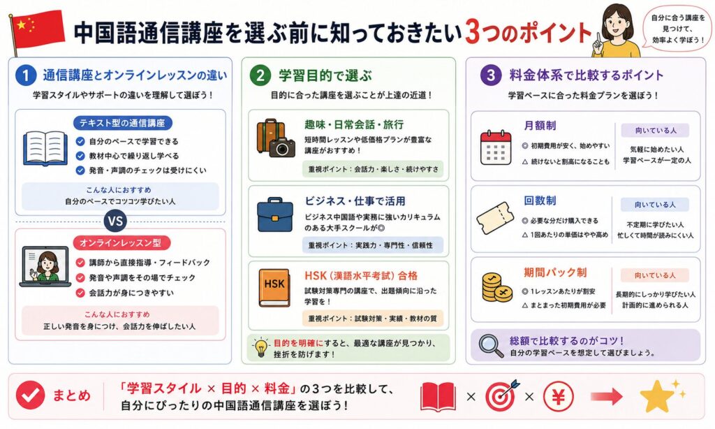 中国語通信講座を選ぶ前に知っておきたい3つのポイントを紹介する画像