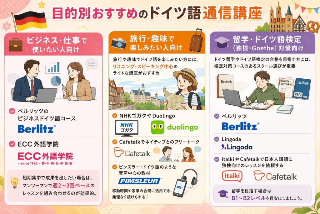 目的別に合わせたドイツ語通信講座を選ぶ方法を紹介する画像