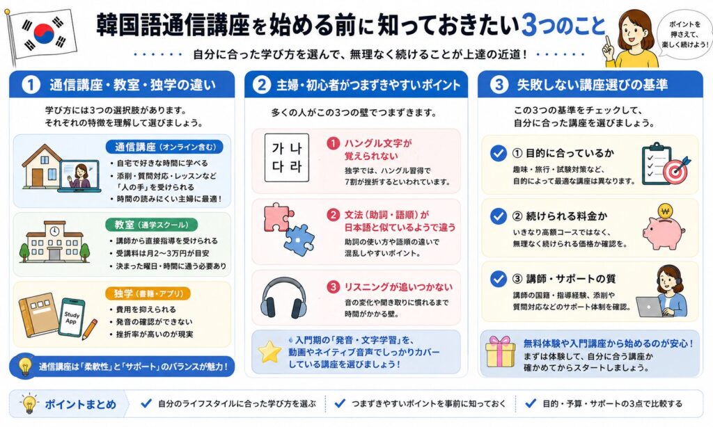 韓国語通信講座を始める前に知っておきたい3つのことを解説する画像