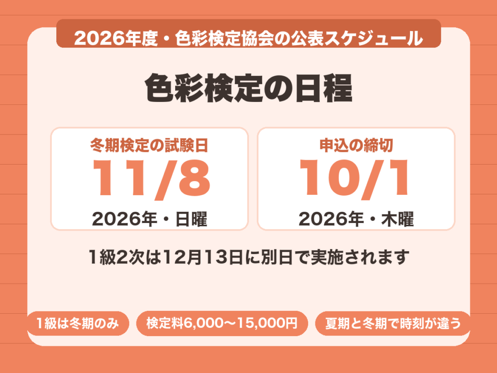 色彩検定2026年度冬期検定は11月8日、申込締切は10月1日、1級2次は12月13日