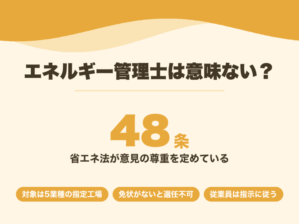 エネルギー管理士は省エネ法第48条で意見の尊重と指示への服従が定められている