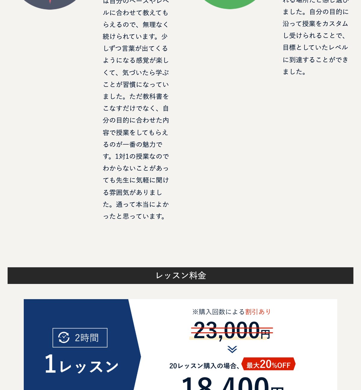バークレーハウス語学センターのスペイン語レッスン料金。1レッスン2時間23,000円、20レッスン購入で最大20%OFFの18,400円と示されている