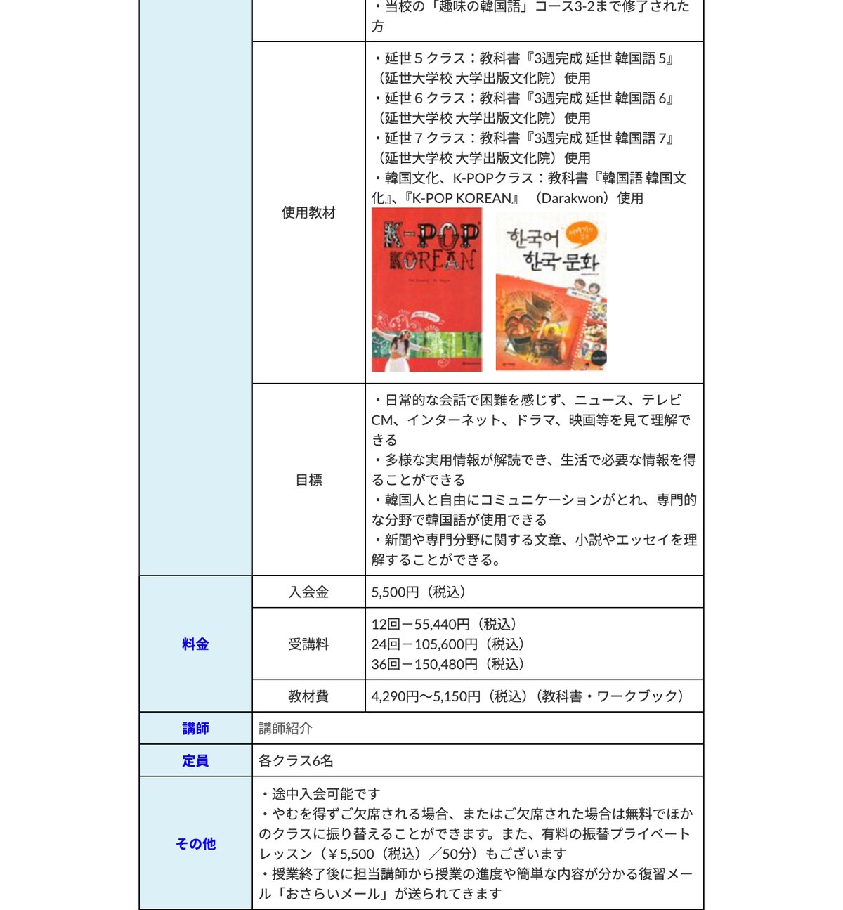 アイケーブリッジ外語学院の趣味の韓国語コースの料金。入会金5,500円、12回55,440円から36回150,480円と示されている