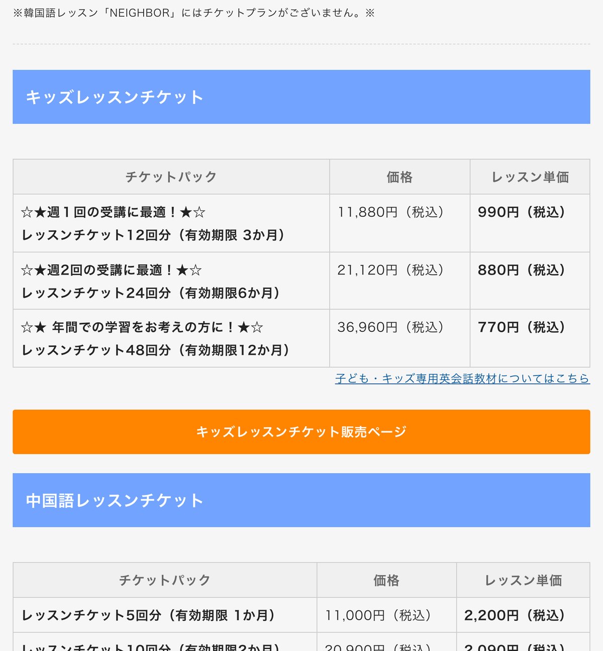 産経オンライン英会話Plusの料金ページ。中国語レッスンチケットは5回11,000円（1回2,200円）などと示されている