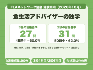 食生活アドバイザーの独学。合格基準は3級が45題中27問、2級が50題中31問