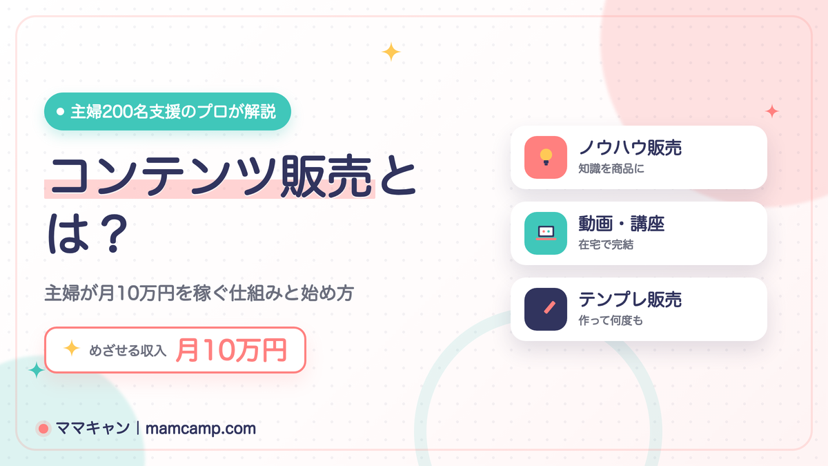 コンテンツ販売とは何かを解説する記事のアイキャッチ画像（主婦が月10万円を稼ぐ仕組みと始め方）