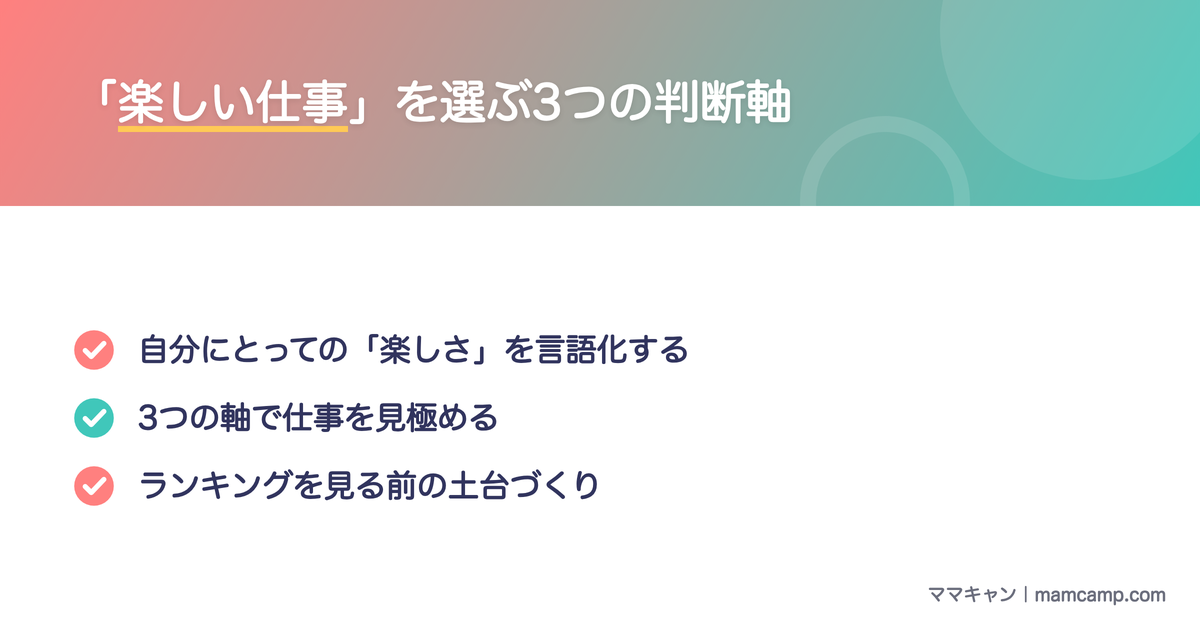 「楽しい仕事」を選ぶ3つの判断軸を図解したセクション画像