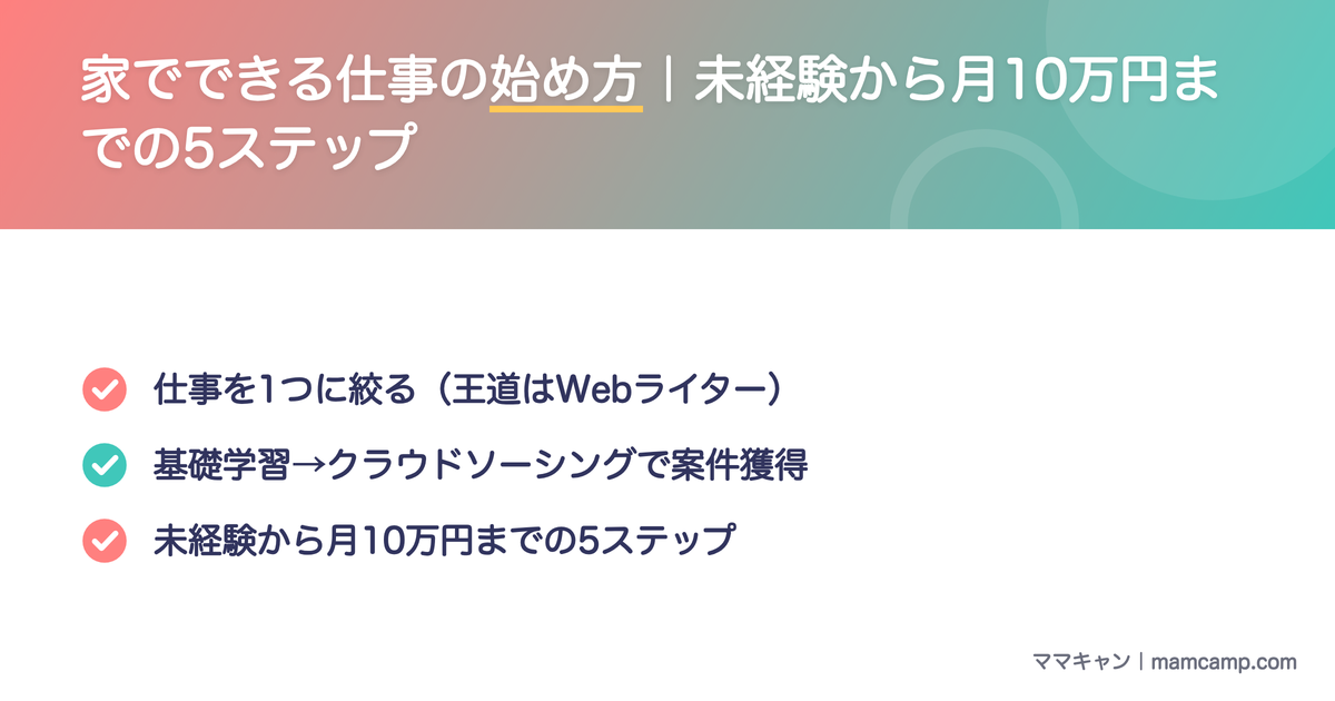 家でできる仕事の始め方（未経験から月10万円までの5ステップ）を図解したセクション画像
