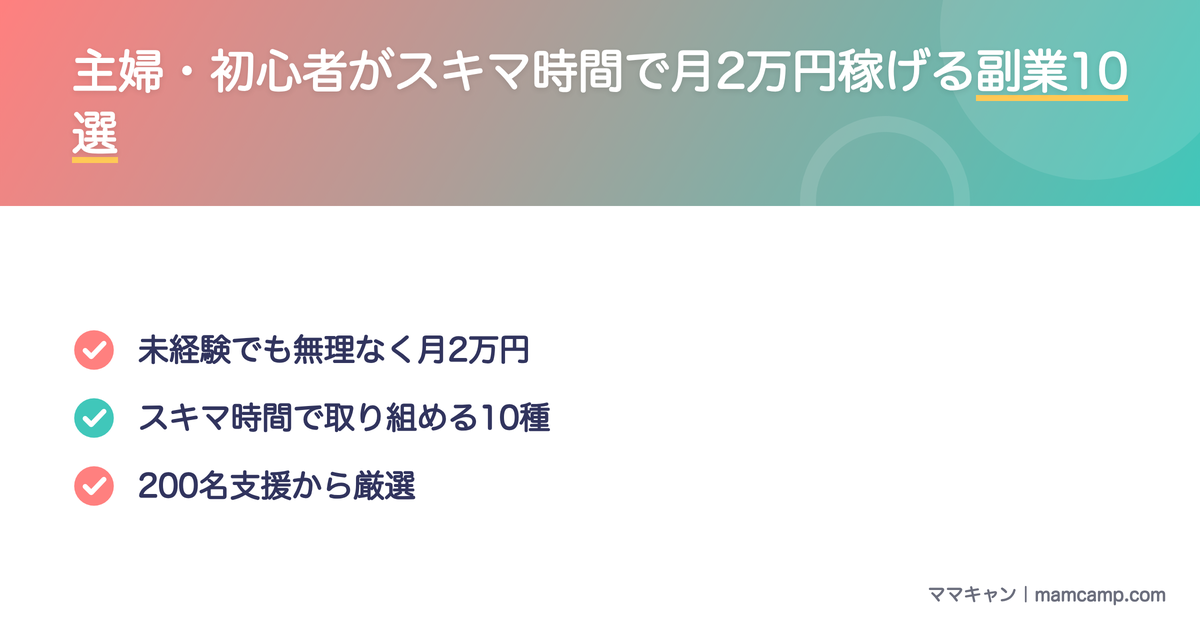 主婦・初心者がスキマ時間で月2万円稼げる副業10選を図解したセクション画像
