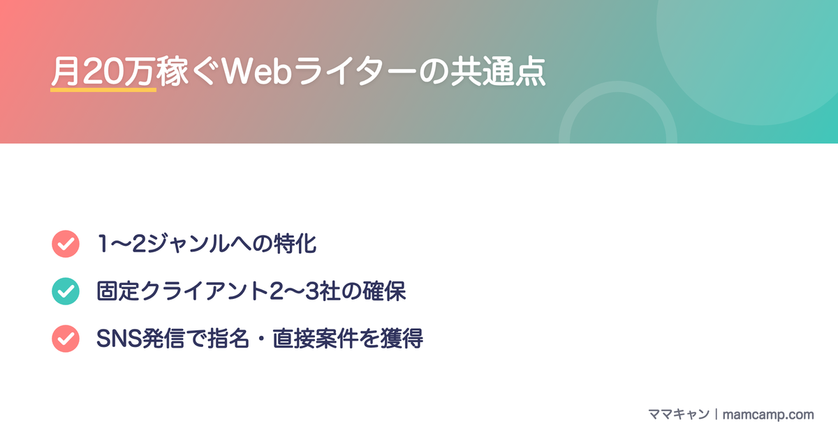 月20万稼ぐWebライターの共通点を図解したセクション画像