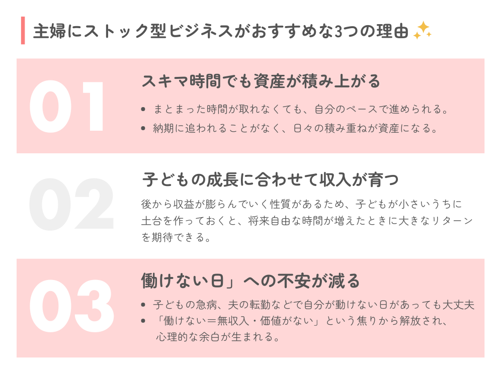 主婦にストック型ビジネスがおすすめな3つの理由